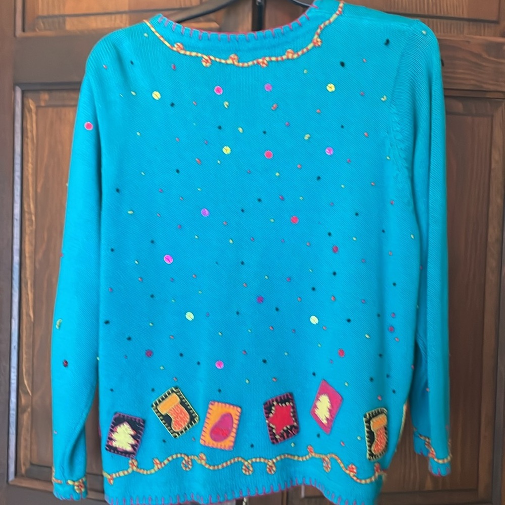 Susan Bristol Plus Size 2X Turquoise Blue Holiday Long Sleeve Cardigan Sweater - Picture 3 of 10